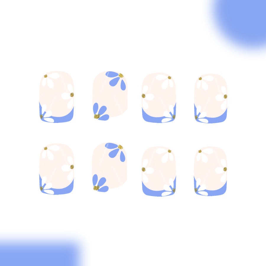 Whimsical Floral Charm Short Square Pastel Pink with Blue Blooms and Glitter Accents Press On Nail Set