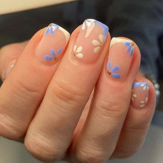 Whimsical Floral Dream Short Square Press On Nails in Soft Blue and White with Delicate Gold Accents