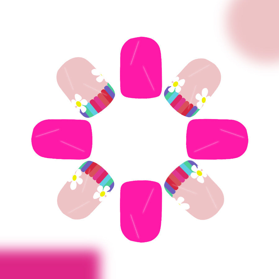 Joyful Garden Pink Short Square Press-On Nail Set with Colorful Floral Accent