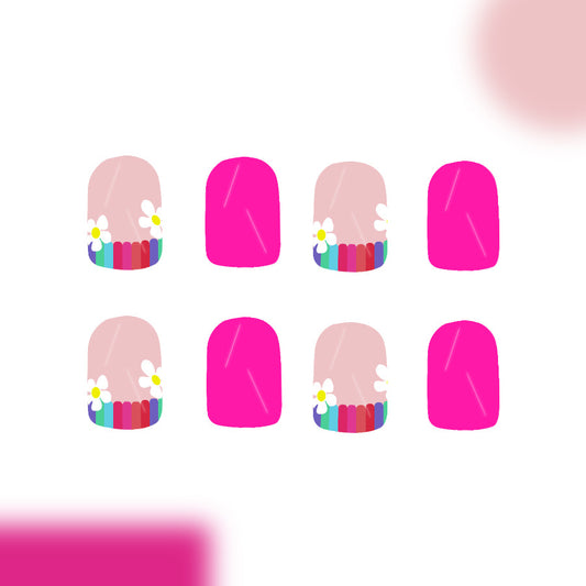 Whimsical Floral Dream Short Square Hot Pink Press on Nail Set with Colorful Rainbow Tips
