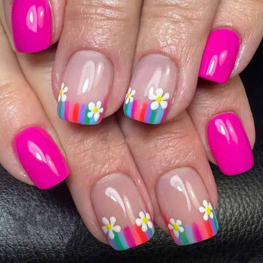 Floral Fiesta Short Square Pink with Colorful Striped Tips and Charming Daisy Accents Press-On Nail Set