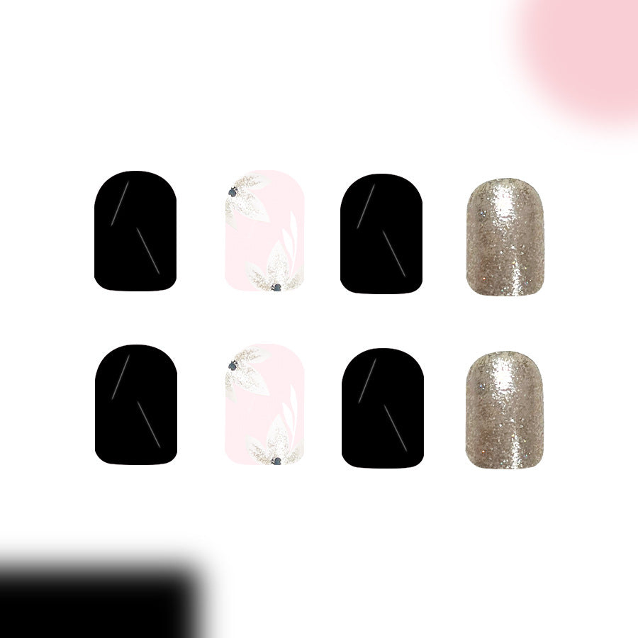 Bohemian Chic Medium Oval Black and Pink Floral with Glitter Accent Press On Nail Set