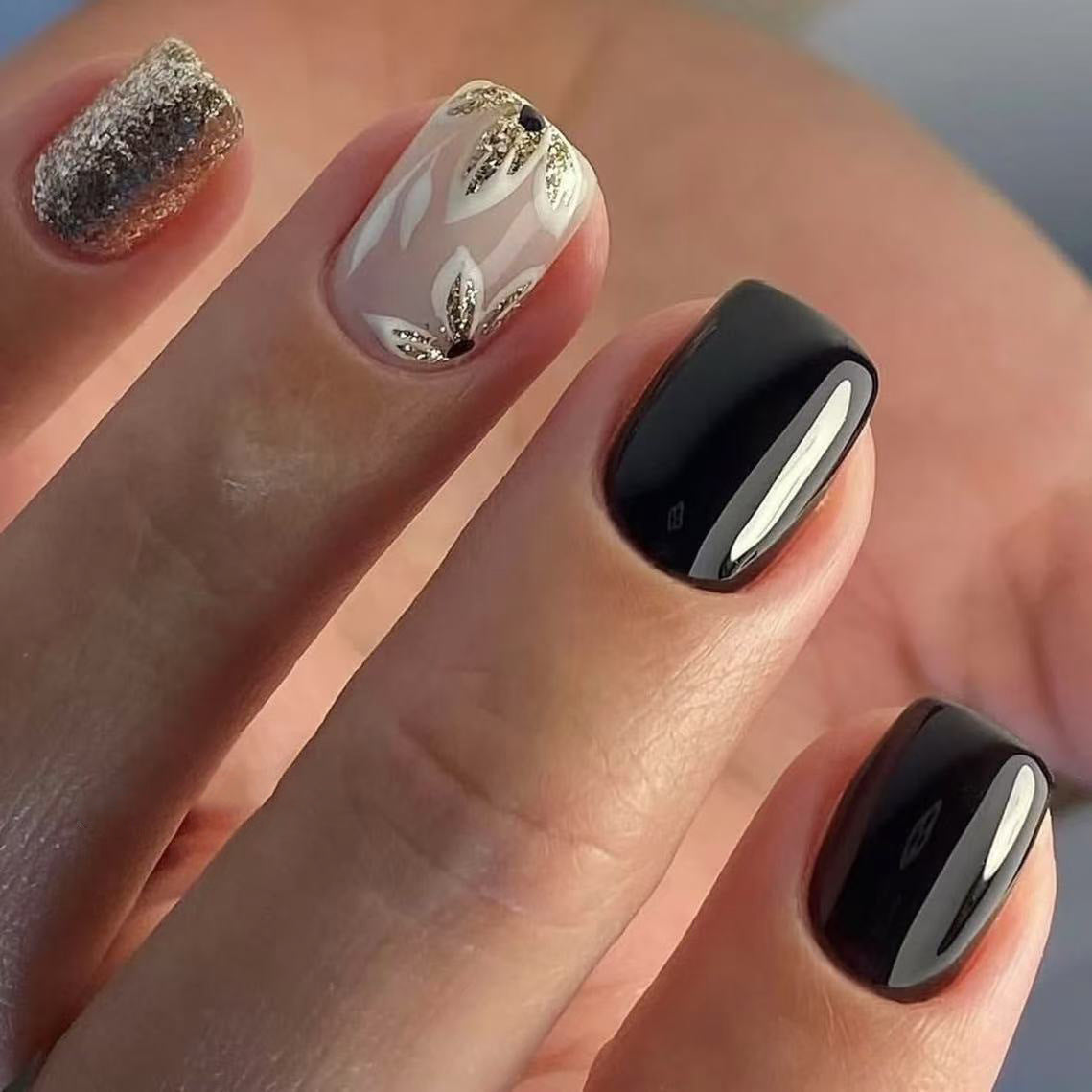 Elegant Autumn Inspired Short Square Black and Glittery Accent Nails with Floral Detailing