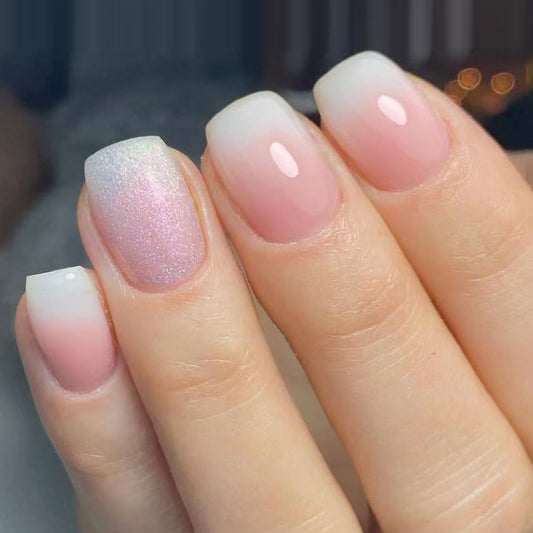 Dreamy Elegance Short Square Soft Pink Ombre with Dazzling Glitter Accent Press-On Nail Set