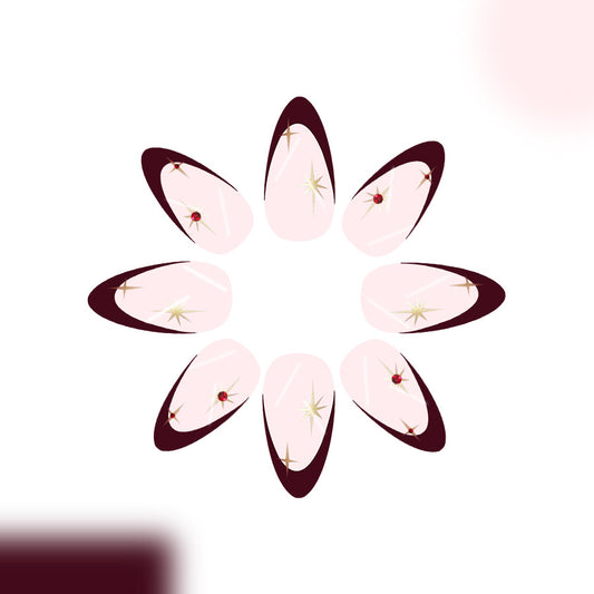 Elegant Blossom Medium Almond Shaped Blush Pink with Red Accents and Golden Stars Press On Nail Set