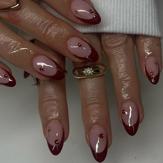 Glamorous Elegance Medium Almond Burgundy Glossy Press On Nail Set with Stunning Crystal Accents