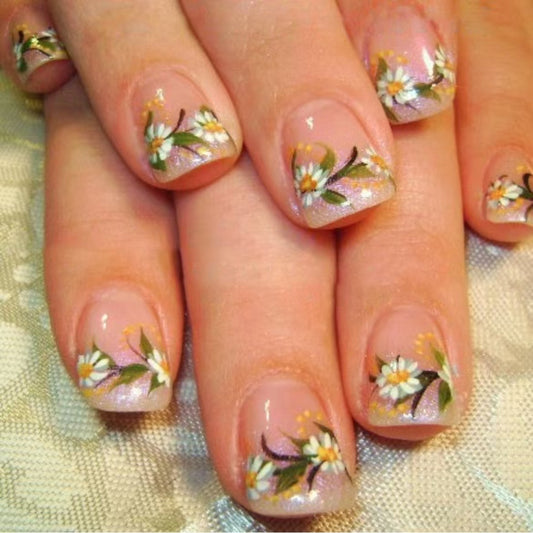 Whimsical Floral Elegance Short Square Pink Press On Nail Set with Charming Daisy Art