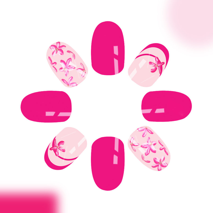 Blooming Charm Delightful Medium Oval Shaped Vibrant Pink Press on Nail Set with Floral Design