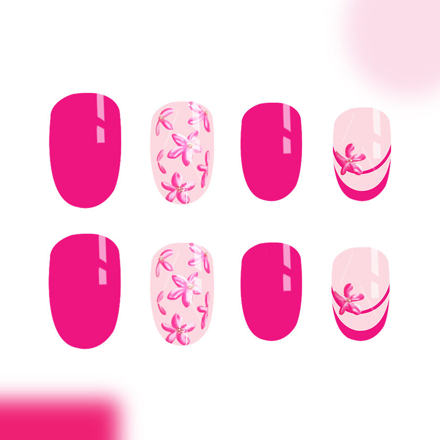 Blooming Elegance Medium Oval Bright Pink Floral Press On Nail Set with Glossy Finish
