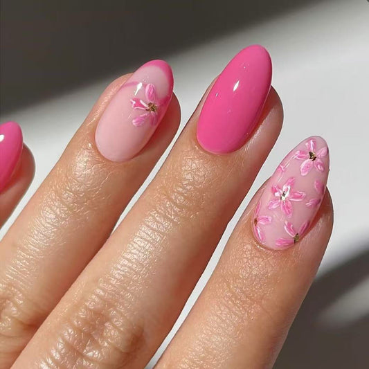 Blossoming Elegance Medium Almond Pink Nail Set with Floral Accents
