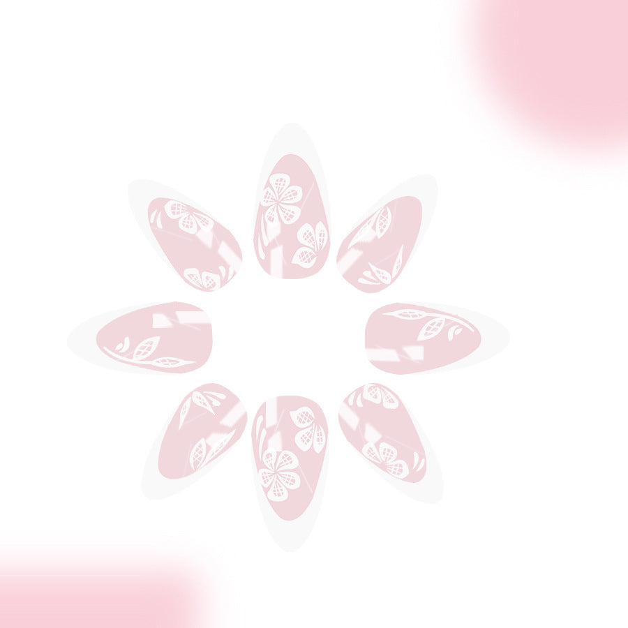 Blossoming Elegance Medium Almond Blush Pink Floral Design Press On Nail Set
