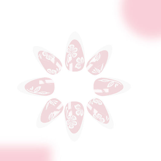 Blossoming Elegance Medium Almond Blush Pink Floral Design Press On Nail Set