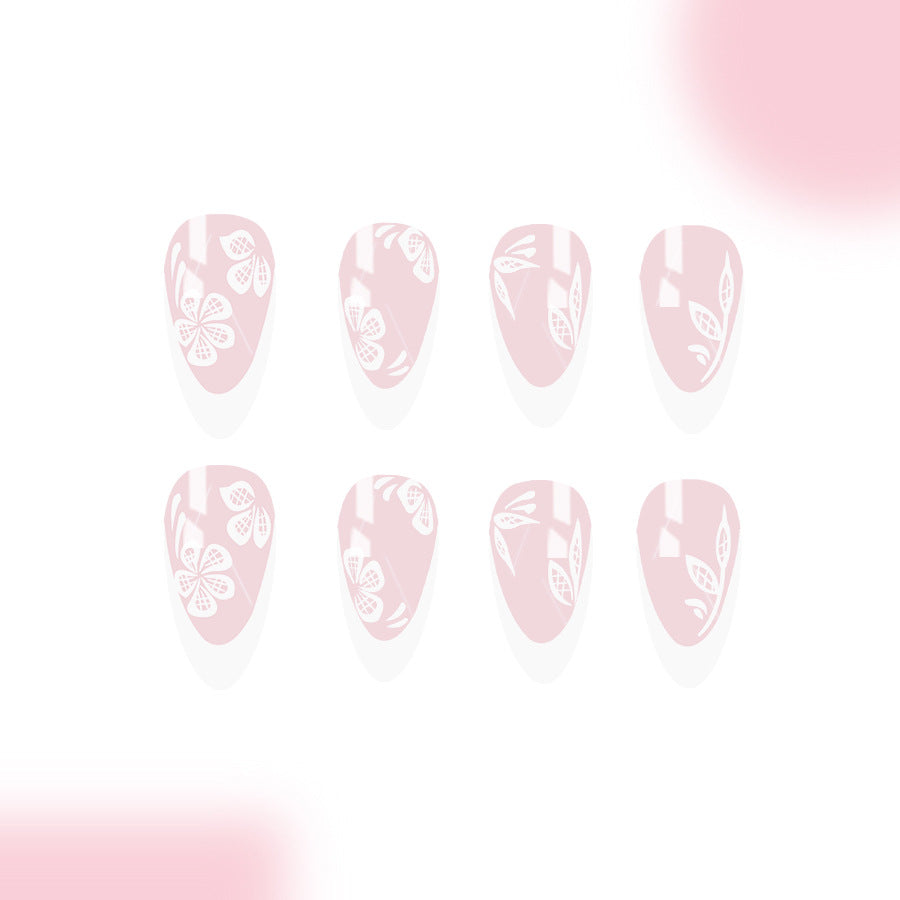 Spring Blossom Elegance Medium Almond Pink Floral Press-On Nail Set with Intricate Detailing