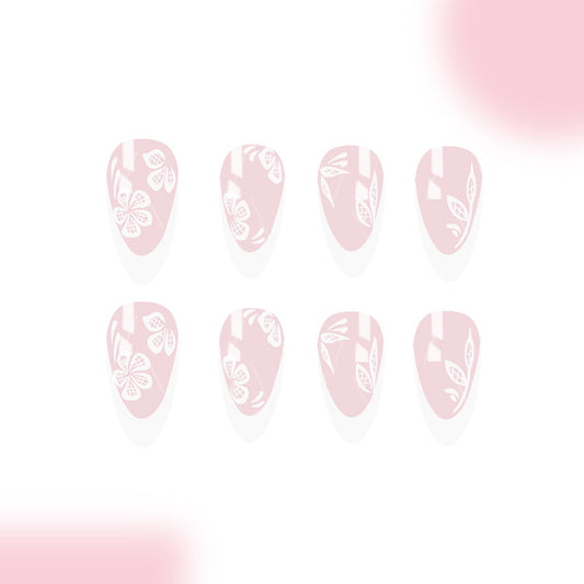 Spring Blossom Elegance Medium Almond Pink Floral Press-On Nail Set with Intricate Detailing