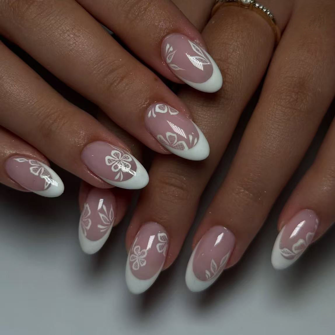 Floral Fantasy Medium Almond Pink and White Press on Nail Set with Intricate Botanical Designs