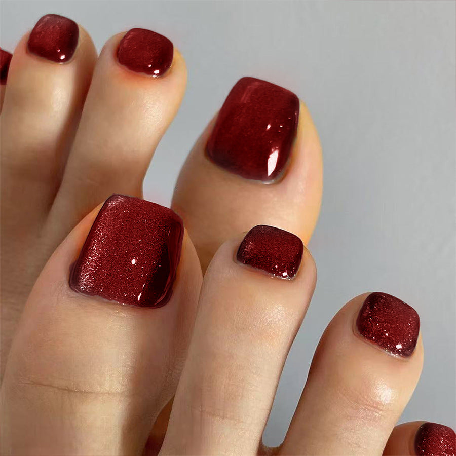 Glamorous Twilight Shimmer Short Square Deep Red Glitter Press On Toenail Set