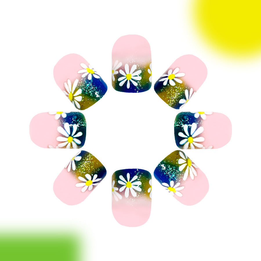 Daisy Delight Short Square Pink and Blue Gradient with Floral Accent Press On Nail Set