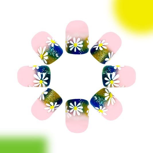 Daisy Delight Short Square Pink and Blue Gradient with Floral Accent Press On Nail Set