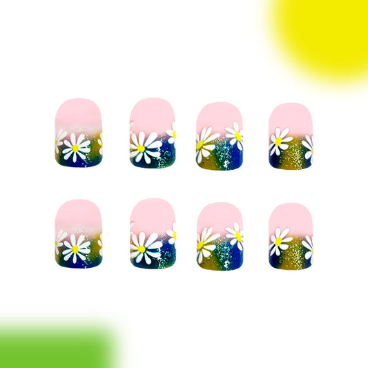 Whimsical Garden Length Short Square Square Color Pink with Daisies and Glitter Accent