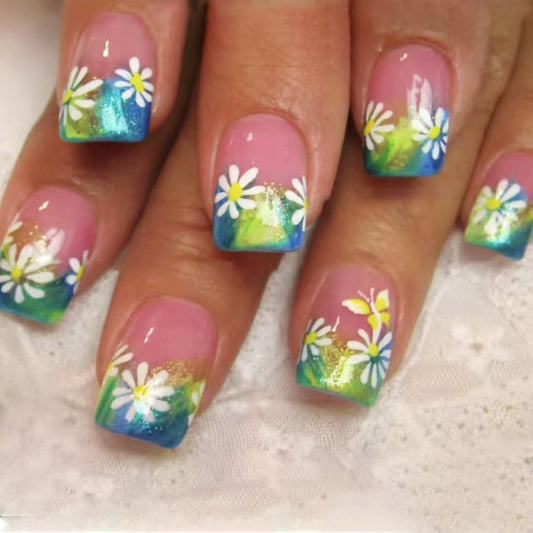 Springtime Bliss Short Square Pastel Blue and Green Floral Gradient Press On Nails