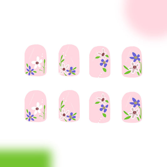 Floral Fantasy Press On Nail Set Short Square Pink with Charming Flower Designs