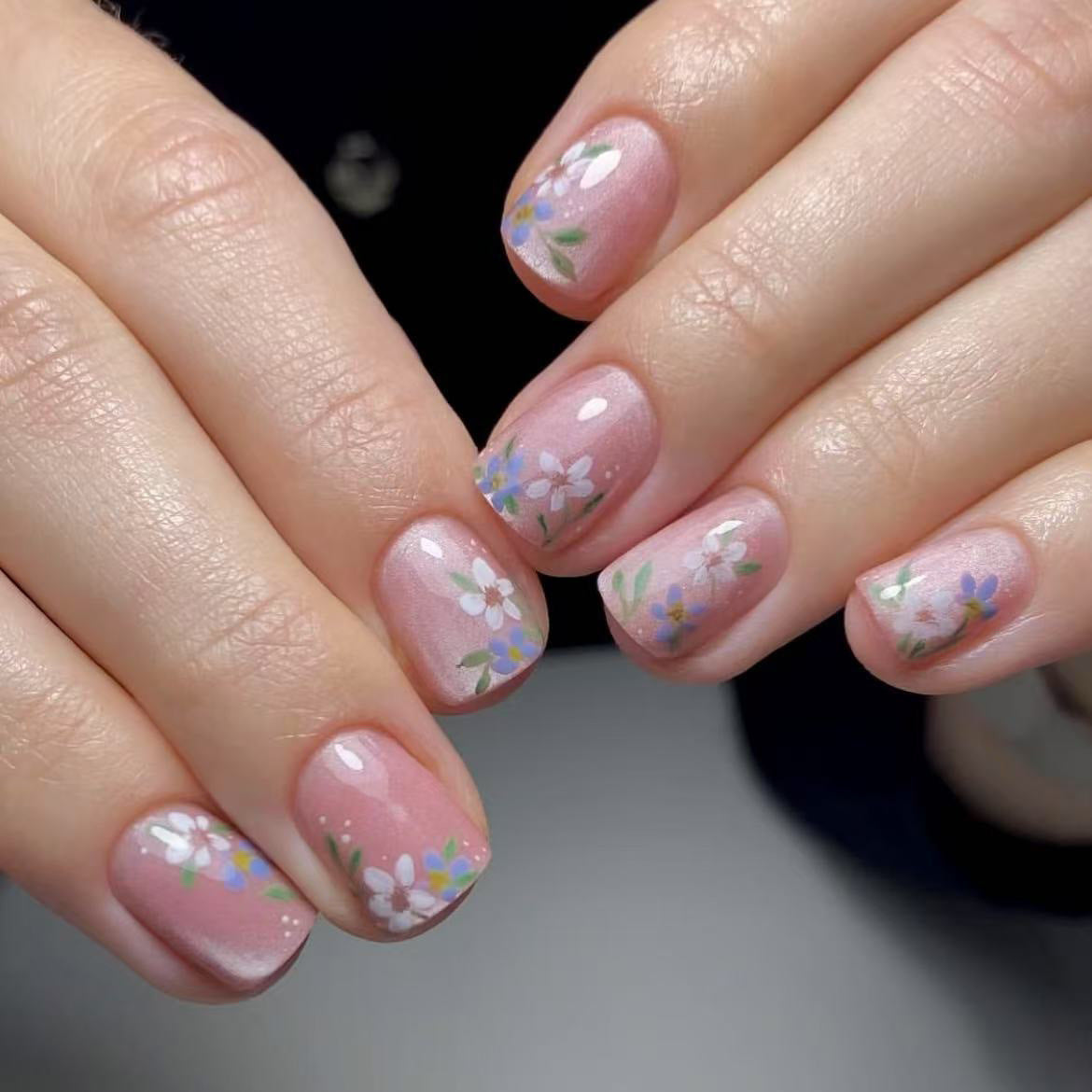 Whimsical Garden Short Square Blush Pink Press On Nail Set with Charming Floral Design