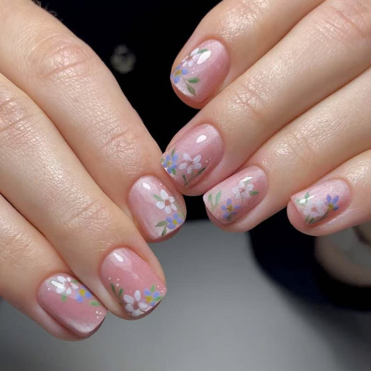 Whimsical Garden Short Square Blush Pink Press On Nail Set with Charming Floral Design