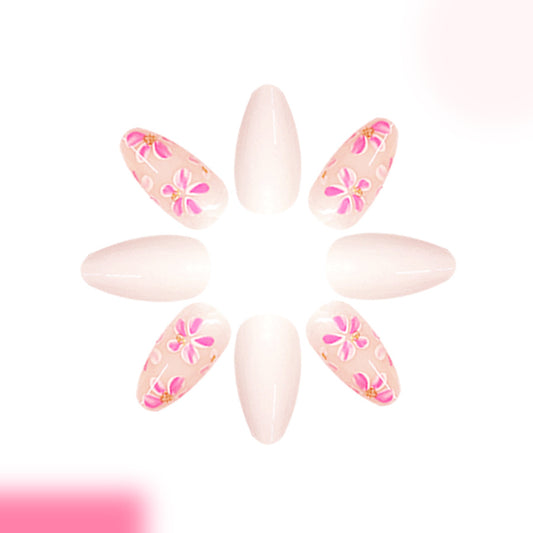 Tropical Blossom Elegant Medium Almond Shaped Soft Pink Floral Press-On Nail Set