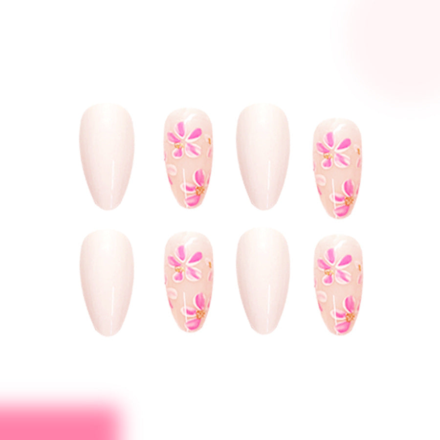 Spring Blossom Elegance Medium Almond Pink Floral Press On Nail Set with Glamorous Detail