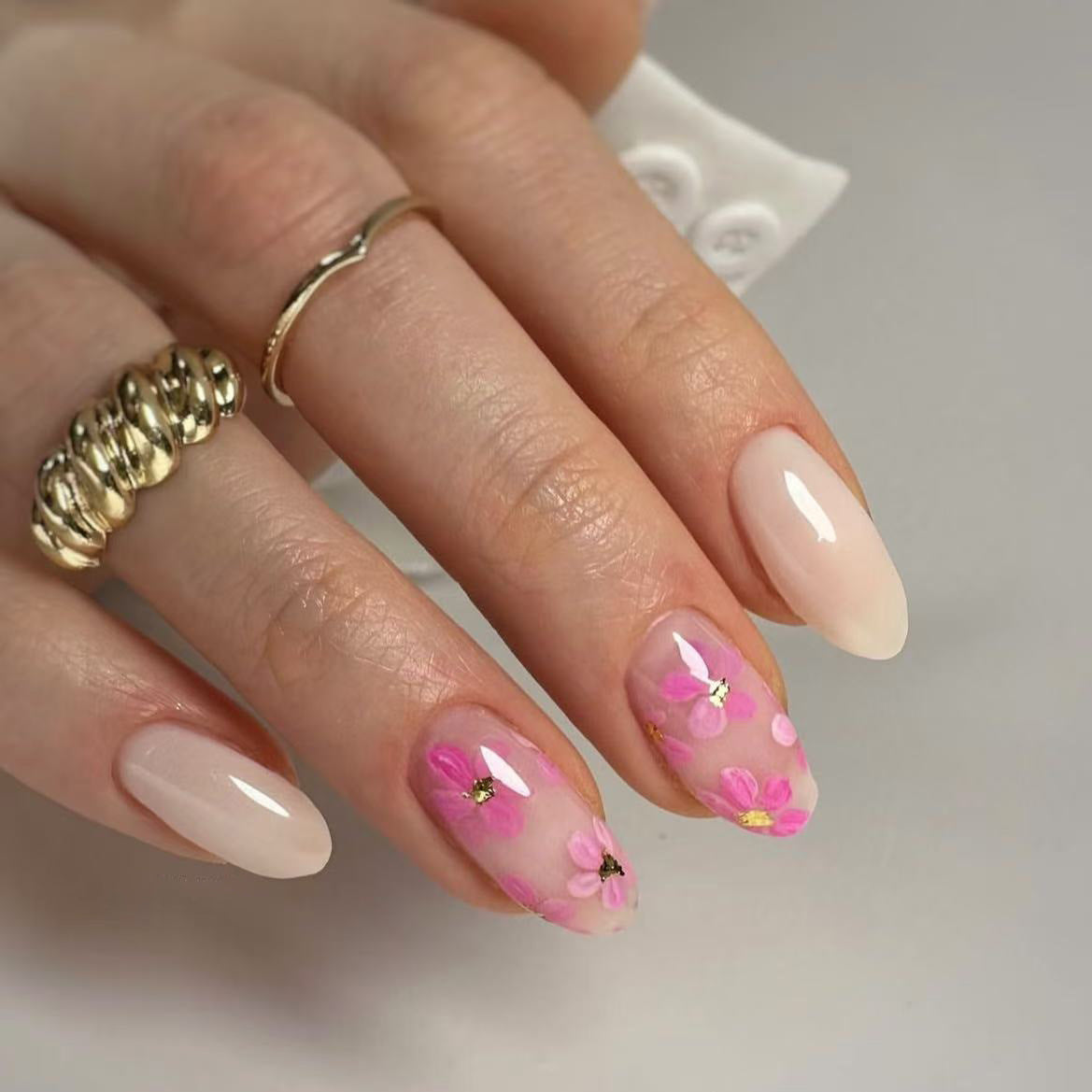 Whimsical Floral Sunset Medium Almond Pink Ombre with Delicate Petal Art Press-On Nail Set