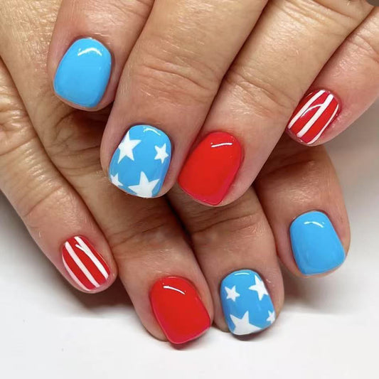 Patriotic Short Square Press On Nail Set in Vibrant Blue and Bold Red Featuring Charming Star and Stripe Designs for Festive Celebrations
