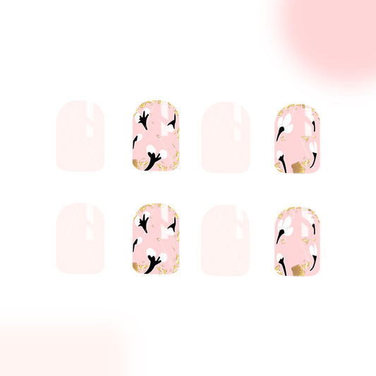 Tropical Elegance Short Square Blush Pink with Gold Floral Accents Press On Nail Set