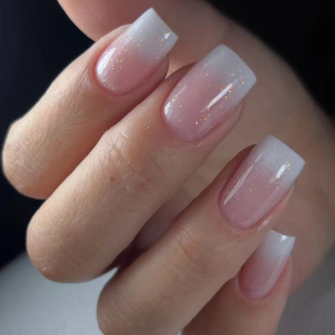 Dreamy Elegance Medium Square Ombre Pink With Sparkling Glitter Finish Press On Nail Set