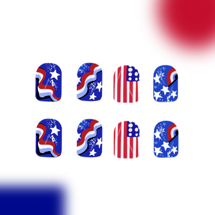 Patriotic Summer Press On Nail Set Short Square Bold Red White and Blue with Sparkling Star Accents