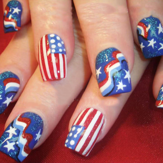 Patriotic Medium Square Press on Nails in Red Blue and White with Sparkling Flag Designs