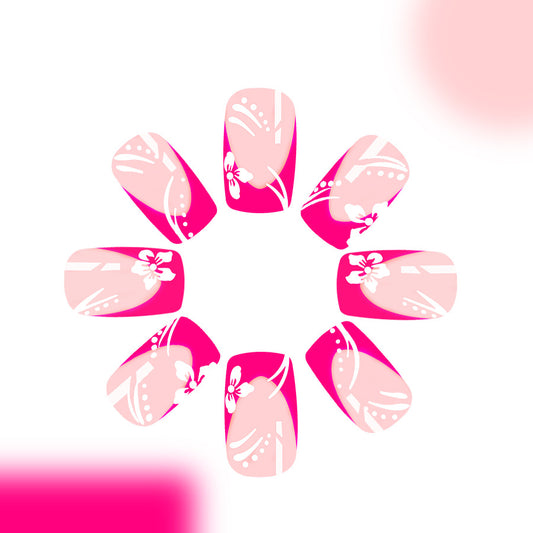 Tropical Blossom Elegant Medium Square Press On Nail Set in Soft Pink with Charming Floral Design
