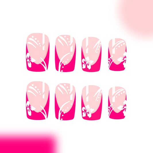 Blooming Blossom Press-On Nail Set in Medium Square Shape Pink with Floral Design