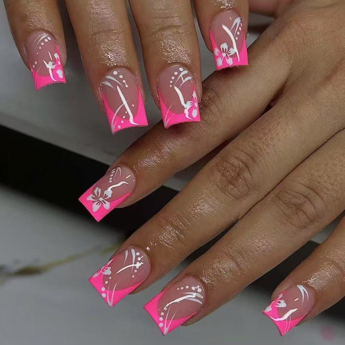 Tropical Vibes Medium Square Pink with Floral Art Press-On Nail Set