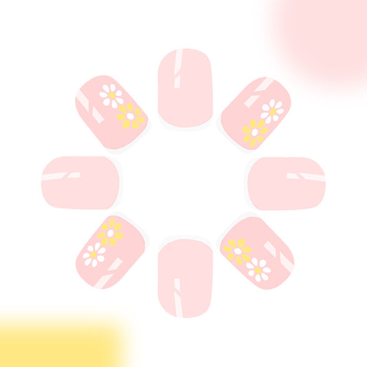 Spring Blossom Delight Short Square Blush Pink Press On Nail Set with Cheerful Floral Accents