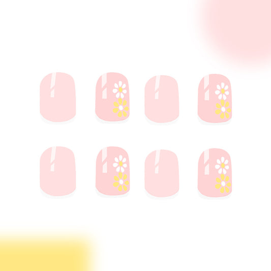 Whimsical Blossom Elegant Short Square Pink Nail Set with Charming Floral Accents