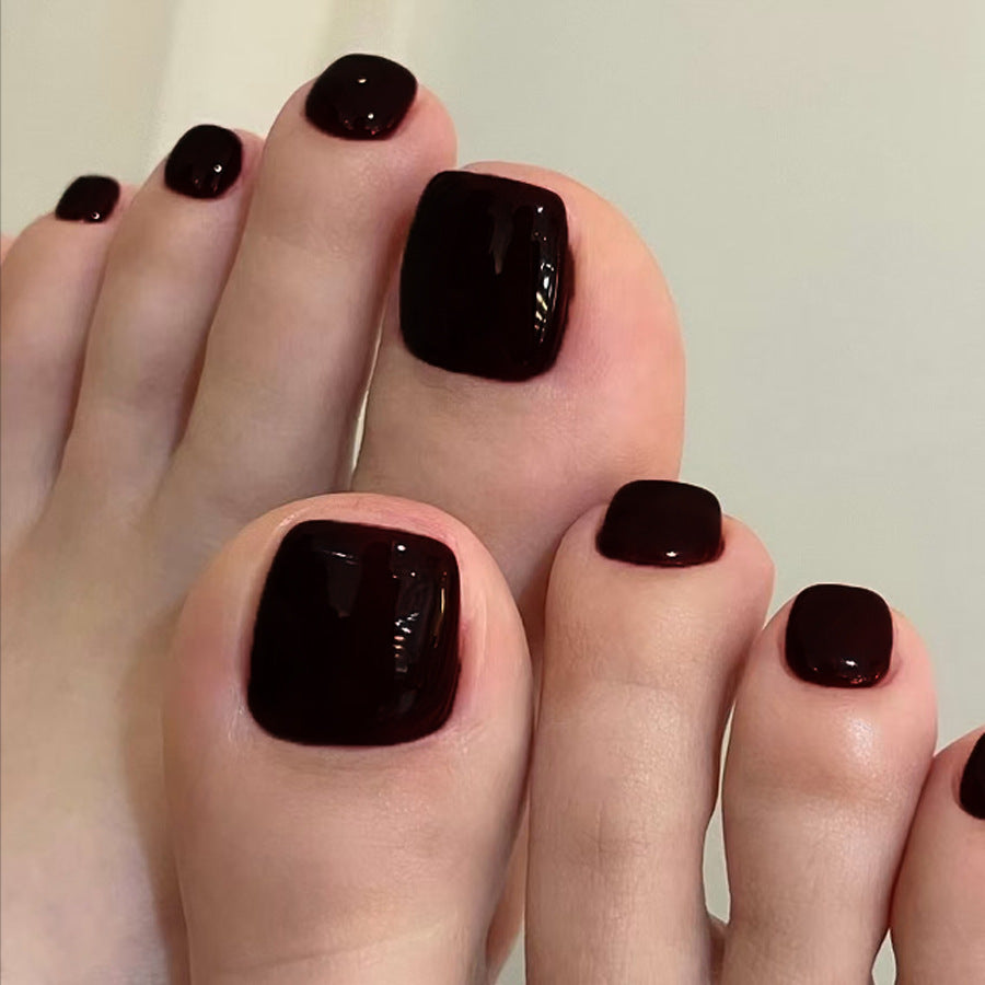 Elegant Noir Press On Toenail Set Short Square Shaped Deep Burgundy Glossy Finish