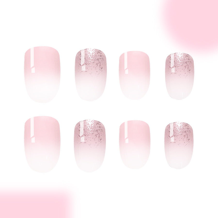 Whimsical Blossom Medium Almond Shape Pink Ombre Design with Glitter Accent Press On Nail Set
