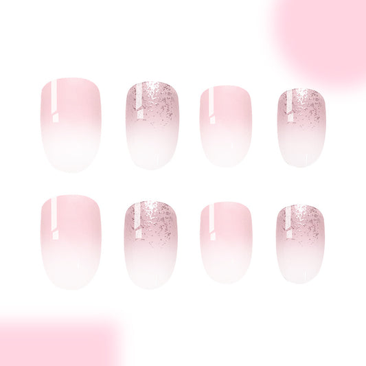 Whimsical Blossom Medium Almond Shape Pink Ombre Design with Glitter Accent Press On Nail Set