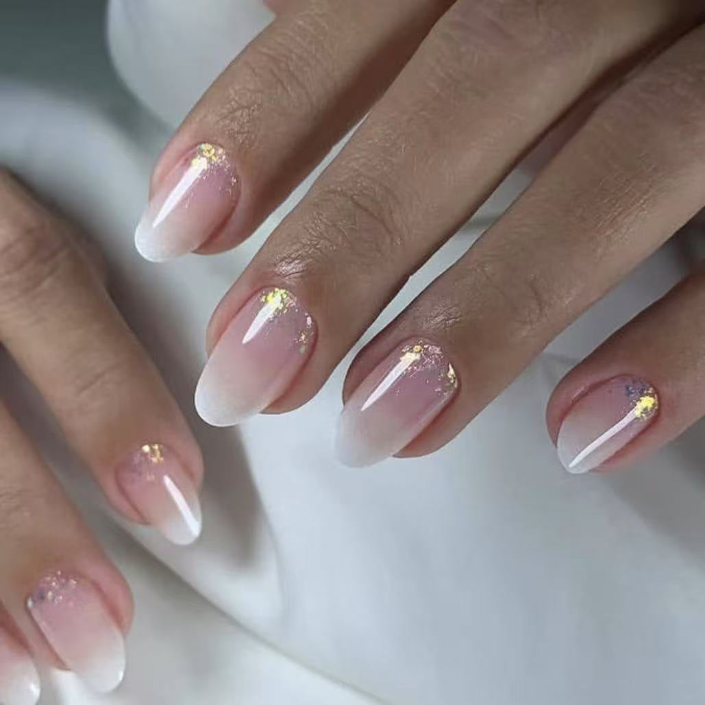 Ethereal Elegance Ombre Medium Almond Shaped Soft Pink with Shimmering Gold Accents Press On Nail Set
