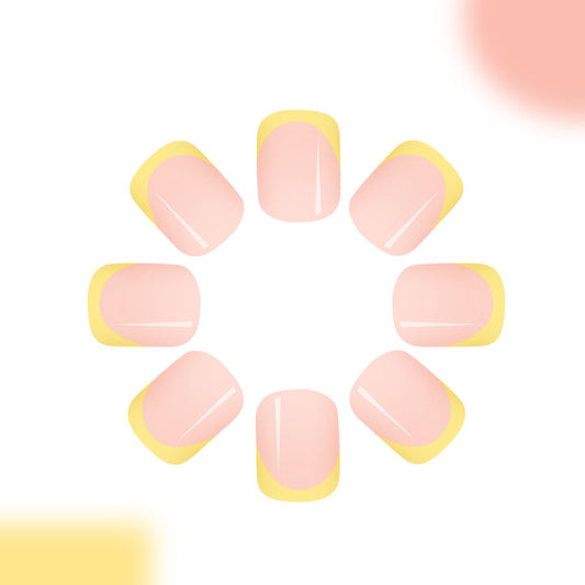 Sunny Delight Short Square Press On Nail Set in Soft Pink with Cheerful Yellow Tips and Glossy Finish