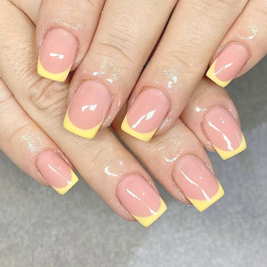 Sunny Delight Short Square Press On Nail Set with Charming Yellow French Tips