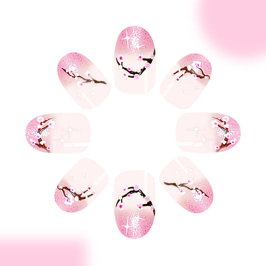 Blossom Dreamy Medium Oval Pink Ombre Press On Nail Set with Sparkling Floral Design