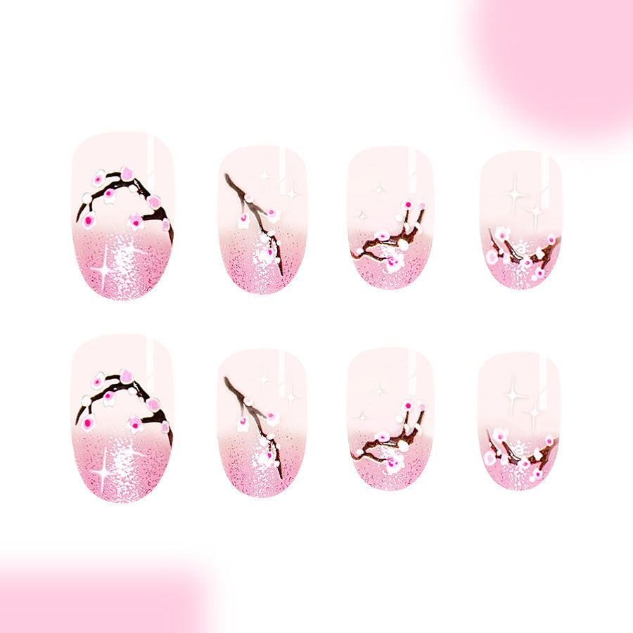 Blossom Dreams Pink Medium Oval Press On Nail Set with Glittering Floral Accents