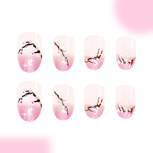 Blossom Dreams Pink Medium Oval Press On Nail Set with Glittering Floral Accents