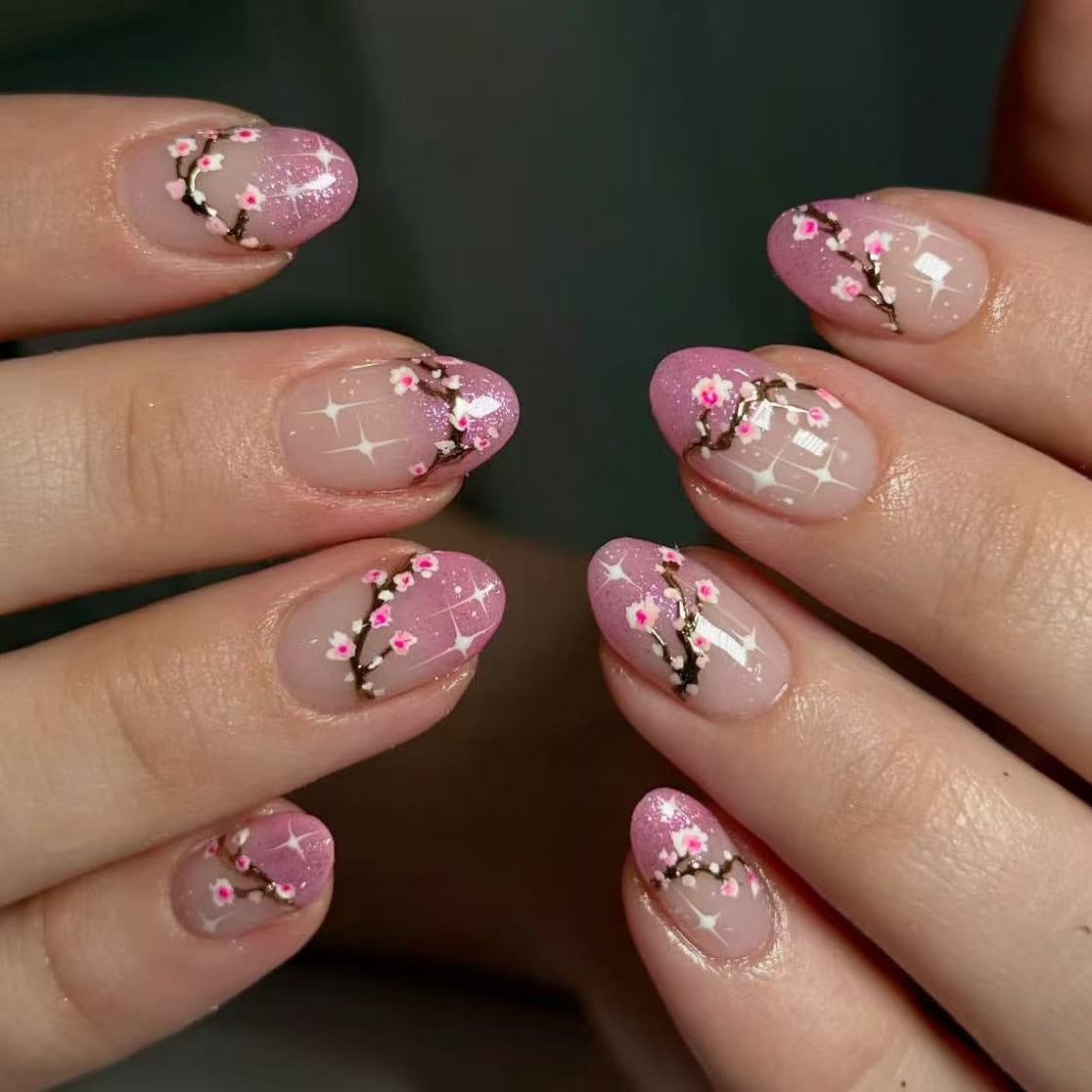 Blossom Elegance Medium Almond Pink Ombre with Floral Detailing Press On Nail Set